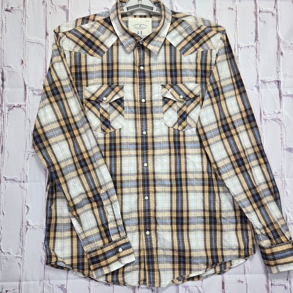American Eagle Western Shirt Off White Plaid Pearl Snap Vintage Fit Mens XL